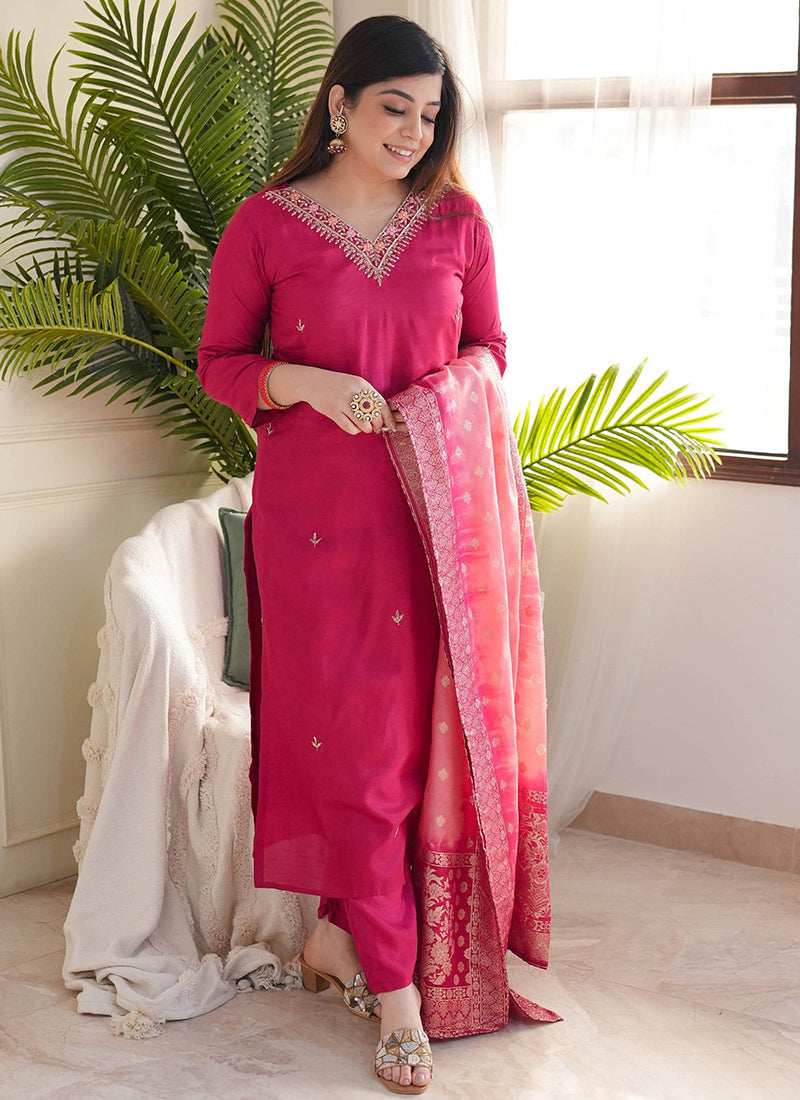 Vellora Vichitra Silk Rani Pink Casual Wear Embroidery Work Readymade Salwar Suit - Distacart
