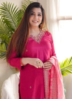 Vellora Vichitra Silk Rani Pink Casual Wear Embroidery Work Readymade Salwar Suit - Distacart