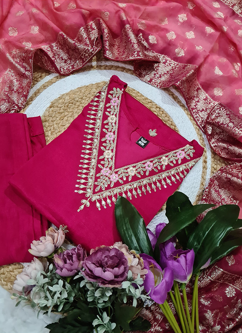 Vellora Vichitra Silk Rani Pink Casual Wear Embroidery Work Readymade Salwar Suit - Distacart