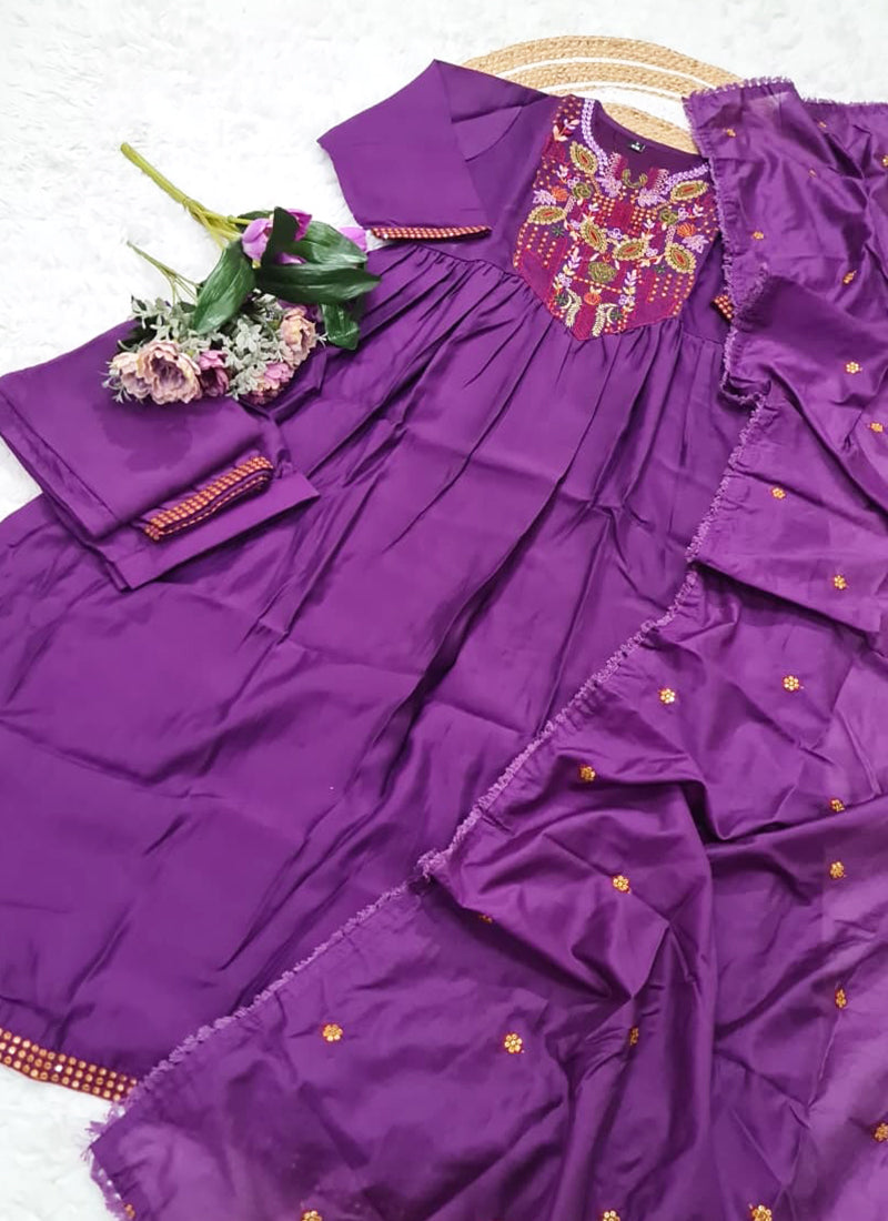 Vellora Viscose Chanderi Violet Casual Wear Embroidery Work Readymade Anarkali Suit - Distacart