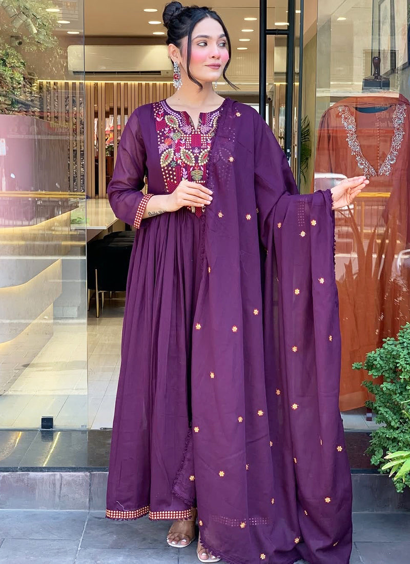 Vellora Viscose Chanderi Violet Casual Wear Embroidery Work Readymade Anarkali Suit - Distacart
