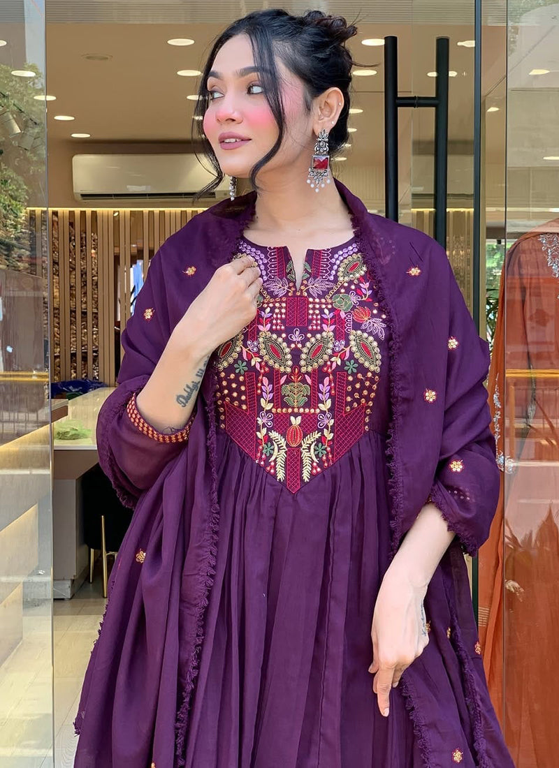Vellora Viscose Chanderi Violet Casual Wear Embroidery Work Readymade Anarkali Suit - Distacart