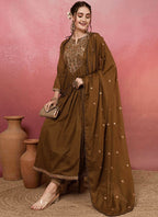 Vellora Viscose Chanderi Brown Casual Wear Embroidery Work Readymade Anarkali Suit - Distacart