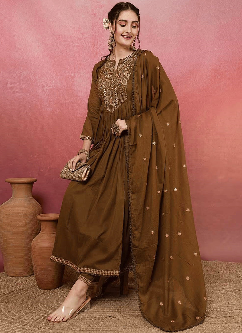 Vellora Viscose Chanderi Brown Casual Wear Embroidery Work Readymade Anarkali Suit - Distacart