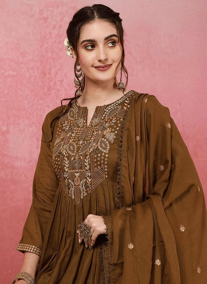 Vellora Viscose Chanderi Brown Casual Wear Embroidery Work Readymade Anarkali Suit - Distacart