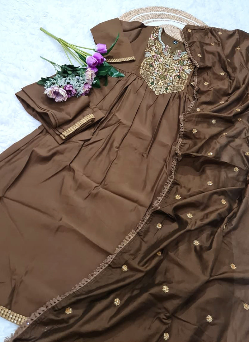 Vellora Viscose Chanderi Brown Casual Wear Embroidery Work Readymade Anarkali Suit - Distacart