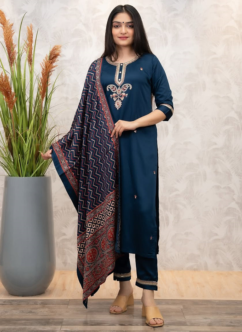 Vellora Viscose Chanderi Navy Blue Casual Wear Embroidery Work Readymade Salwar Suit - Distacart