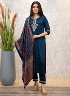 Vellora Viscose Chanderi Navy Blue Casual Wear Embroidery Work Readymade Salwar Suit - Distacart