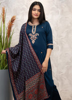 Vellora Viscose Chanderi Navy Blue Casual Wear Embroidery Work Readymade Salwar Suit - Distacart
