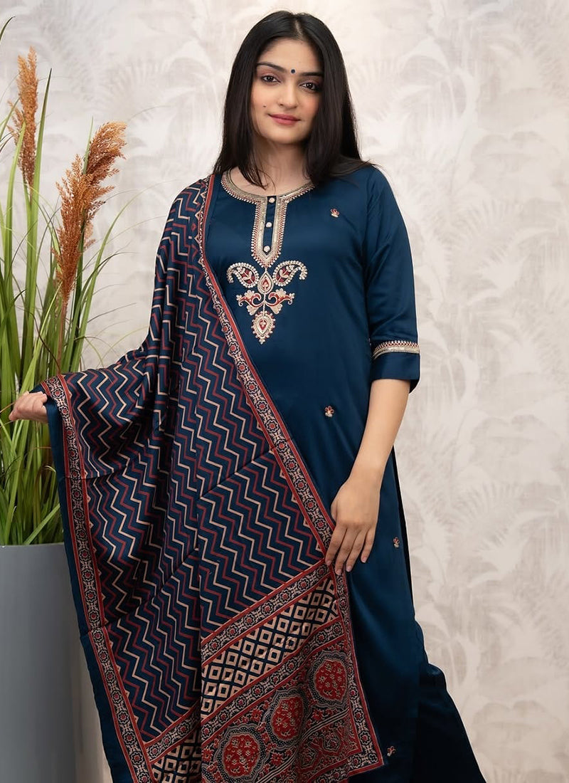 Vellora Viscose Chanderi Navy Blue Casual Wear Embroidery Work Readymade Salwar Suit - Distacart