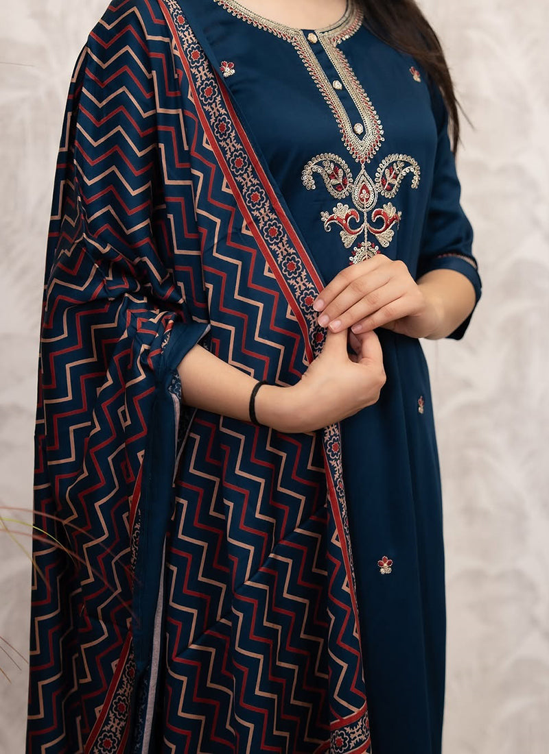 Vellora Viscose Chanderi Navy Blue Casual Wear Embroidery Work Readymade Salwar Suit - Distacart