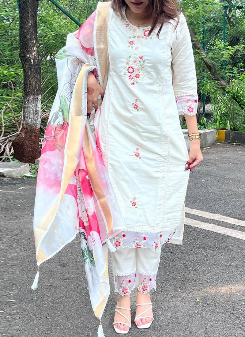 Vellora Viscose Chanderi White Casual Wear Embroidery Work Readymade Salwar Suit - Distacart