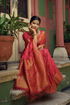 Vardha Candy Apple Red Golden Zari Banarasi Satin Silk Saree