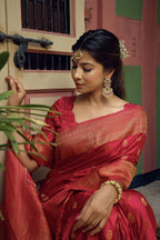 Vardha Candy Apple Red Golden Zari Banarasi Satin Silk Saree