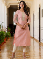 Vellora Shimmer Silk Baby Pink Casual Wear Embroidery Work Readymade Kurti - Distacart