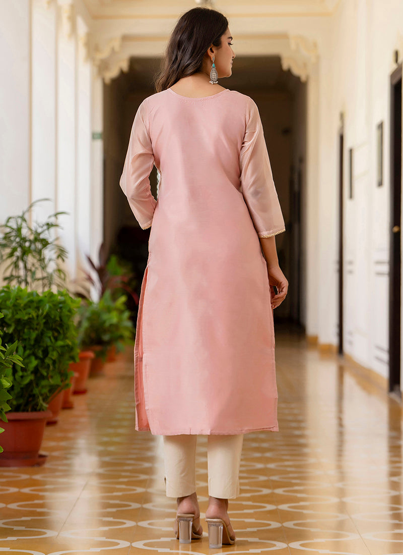 Vellora Shimmer Silk Baby Pink Casual Wear Embroidery Work Readymade Kurti - Distacart