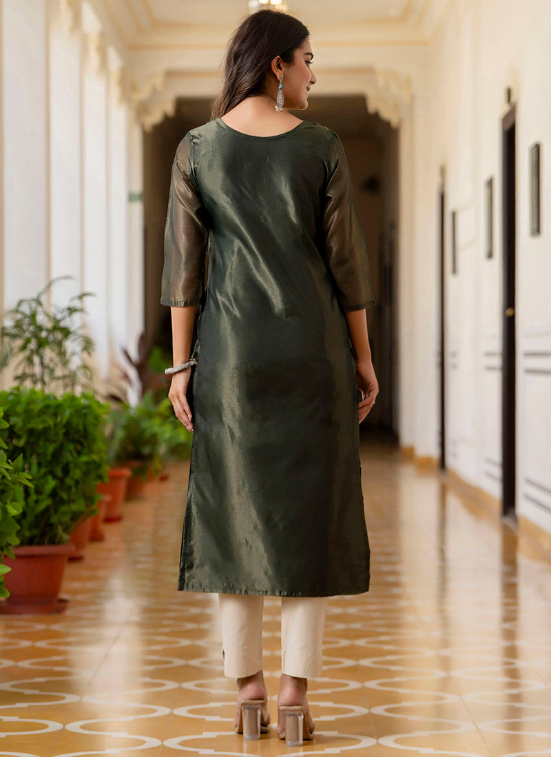 Vellora Shimmer Silk Bottle Green Casual Wear Embroidery Work Readymade Kurti - Distacart