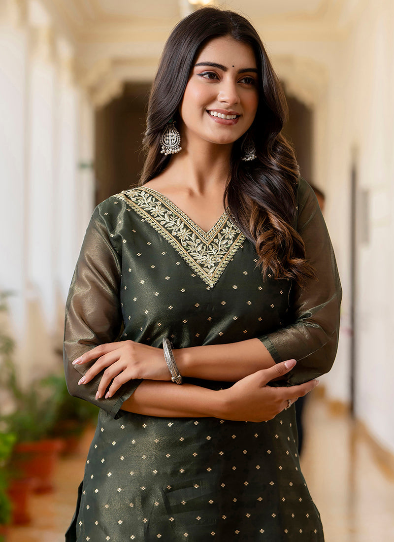 Vellora Shimmer Silk Bottle Green Casual Wear Embroidery Work Readymade Kurti - Distacart