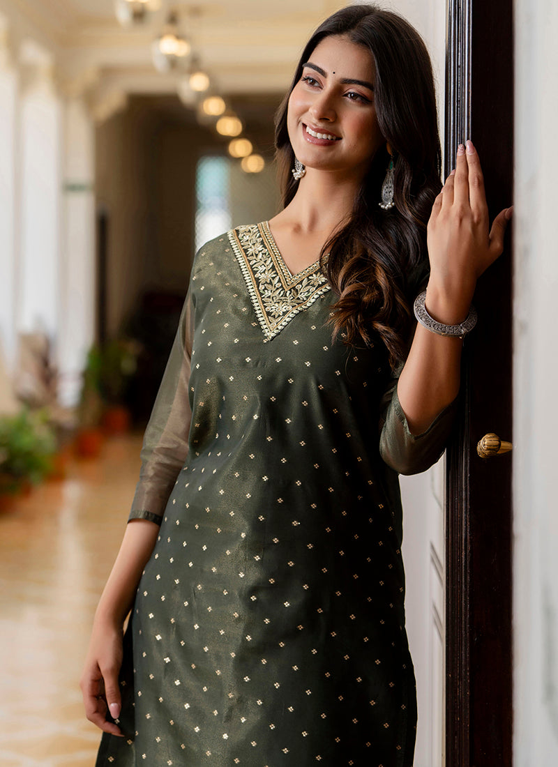 Vellora Shimmer Silk Bottle Green Casual Wear Embroidery Work Readymade Kurti - Distacart