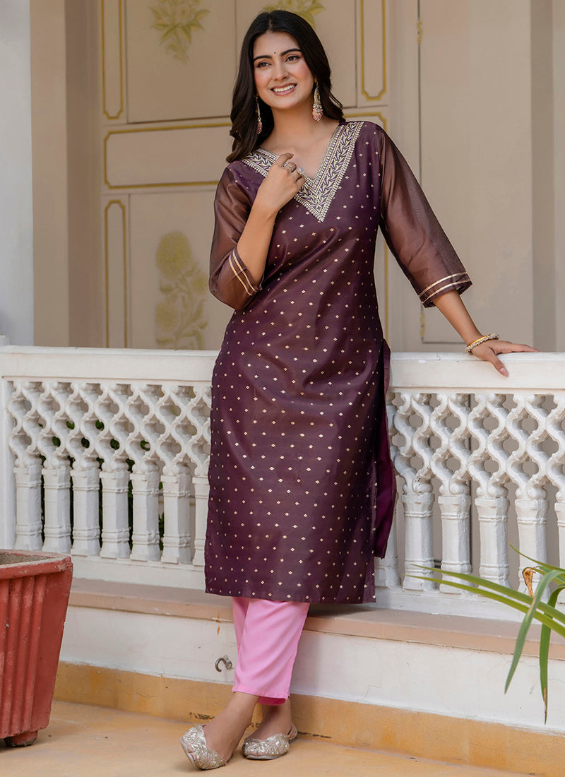 Vellora Shimmer Silk Purple Casual Wear Embroidery Work Readymade Kurti - Distacart