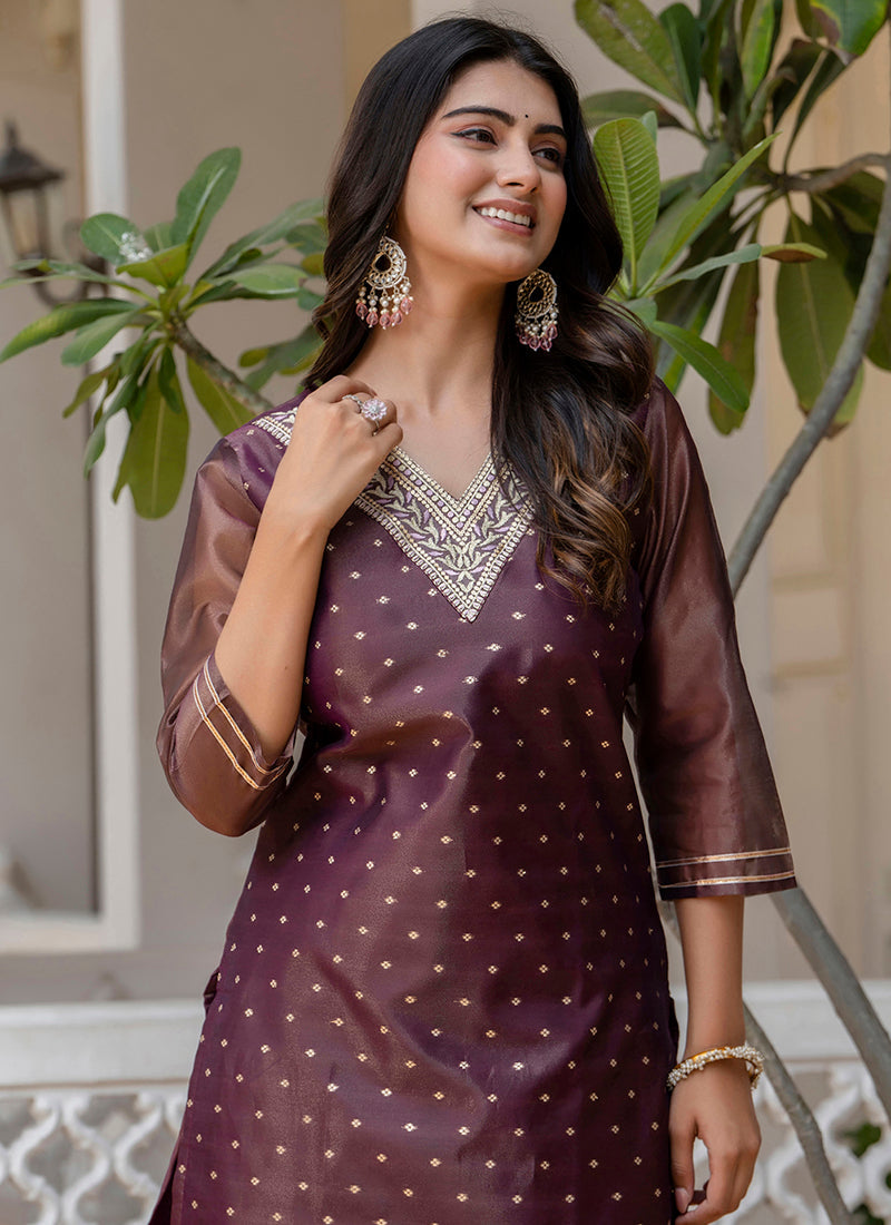 Vellora Shimmer Silk Purple Casual Wear Embroidery Work Readymade Kurti - Distacart