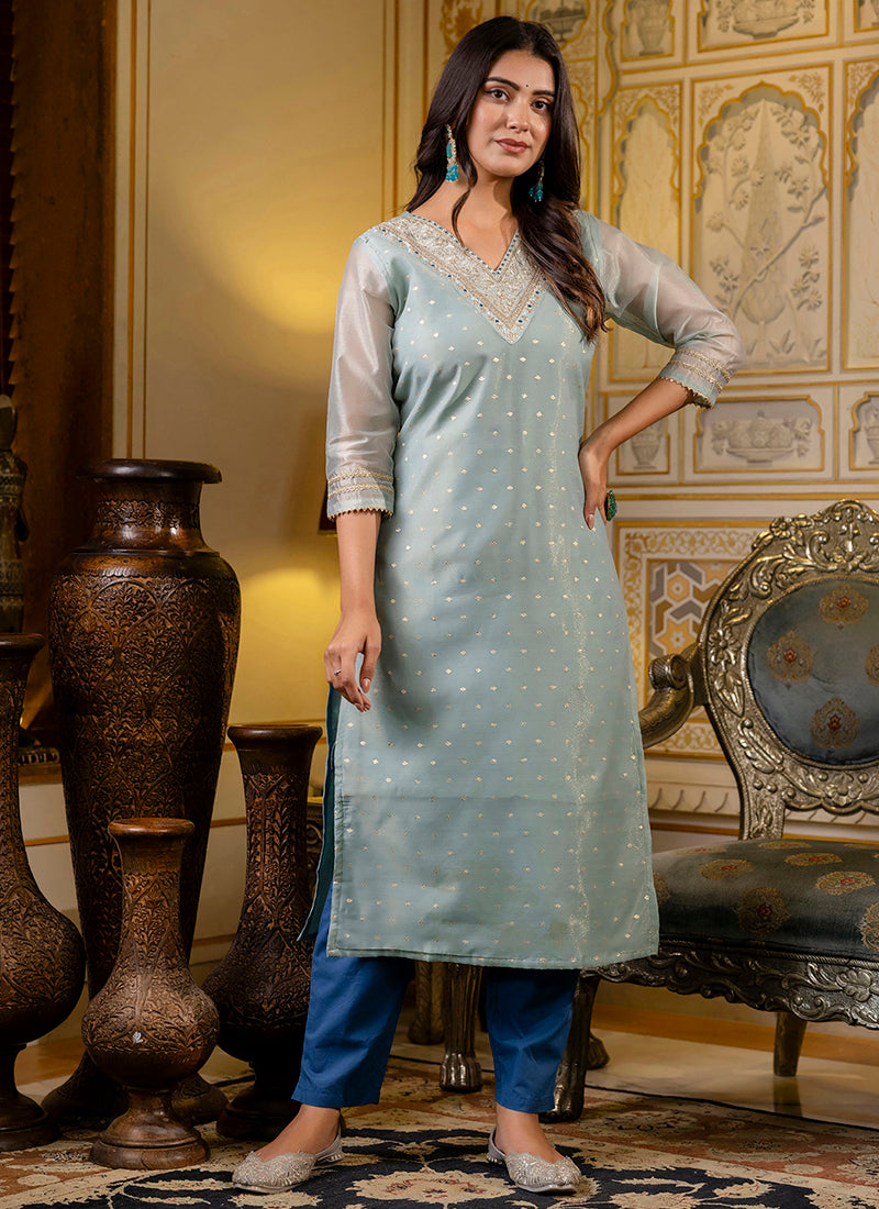 Vellora Shimmer Silk Sky Blue Casual Wear Embroidery Work Readymade Kurti - Distacart