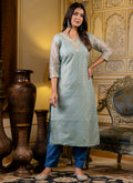 Vellora Shimmer Silk Sky Blue Casual Wear Embroidery Work Readymade Kurti - Distacart