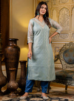 Vellora Shimmer Silk Sky Blue Casual Wear Embroidery Work Readymade Kurti - Distacart