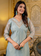 Vellora Shimmer Silk Sky Blue Casual Wear Embroidery Work Readymade Kurti - Distacart