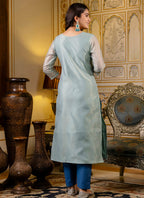 Vellora Shimmer Silk Sky Blue Casual Wear Embroidery Work Readymade Kurti - Distacart
