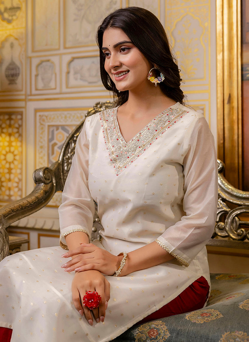 Vellora Shimmer Silk White Casual Wear Embroidery Work Readymade Kurti - Distacart