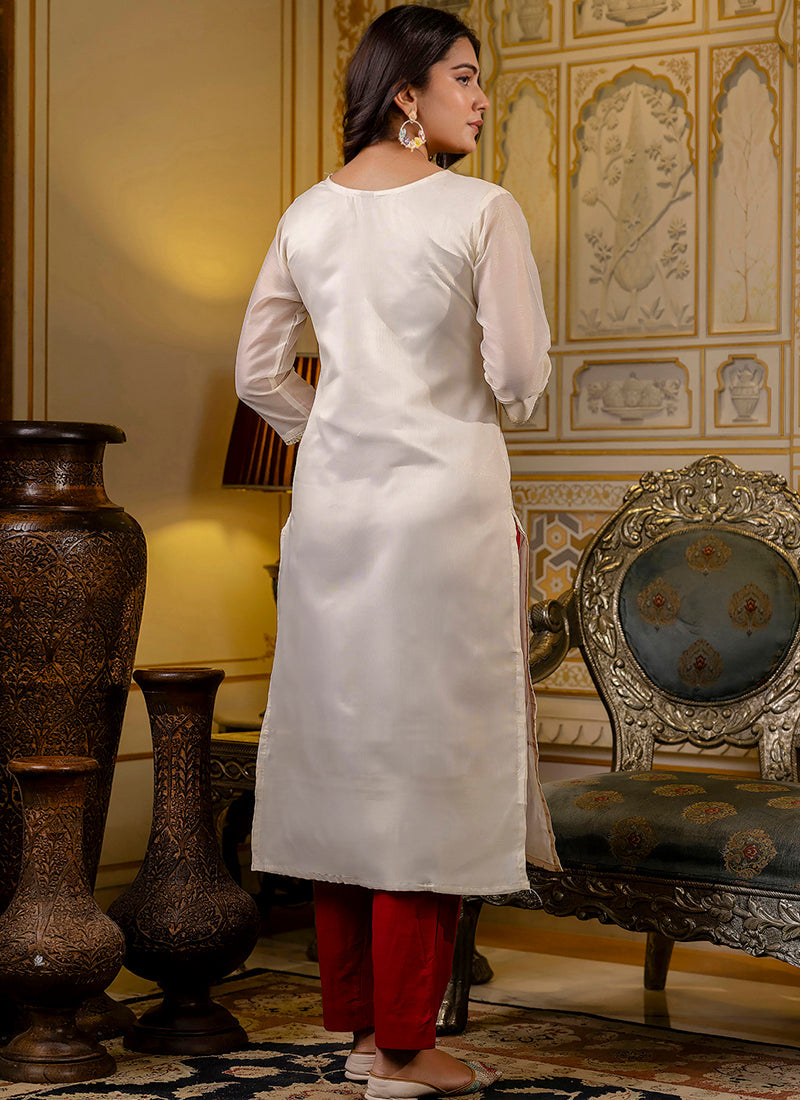 Vellora Shimmer Silk White Casual Wear Embroidery Work Readymade Kurti - Distacart