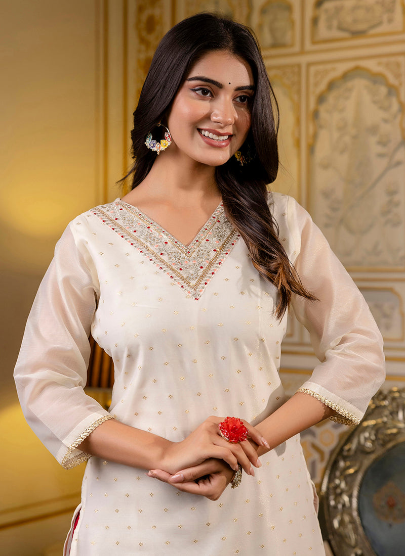 Vellora Shimmer Silk White Casual Wear Embroidery Work Readymade Kurti - Distacart