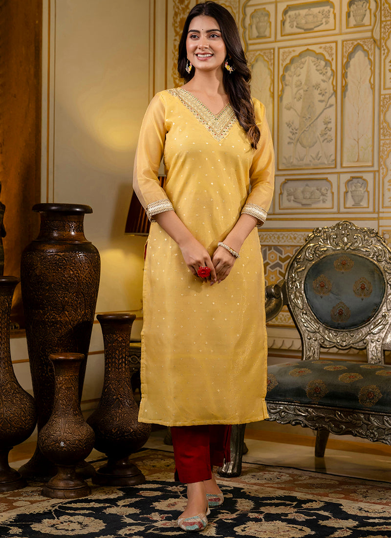 Vellora Shimmer Silk Yellow Casual Wear Embroidery Work Readymade Kurti - Distacart