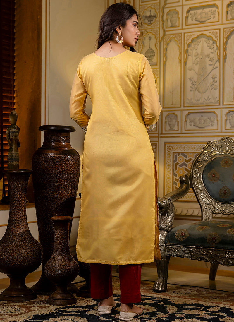 Vellora Shimmer Silk Yellow Casual Wear Embroidery Work Readymade Kurti - Distacart