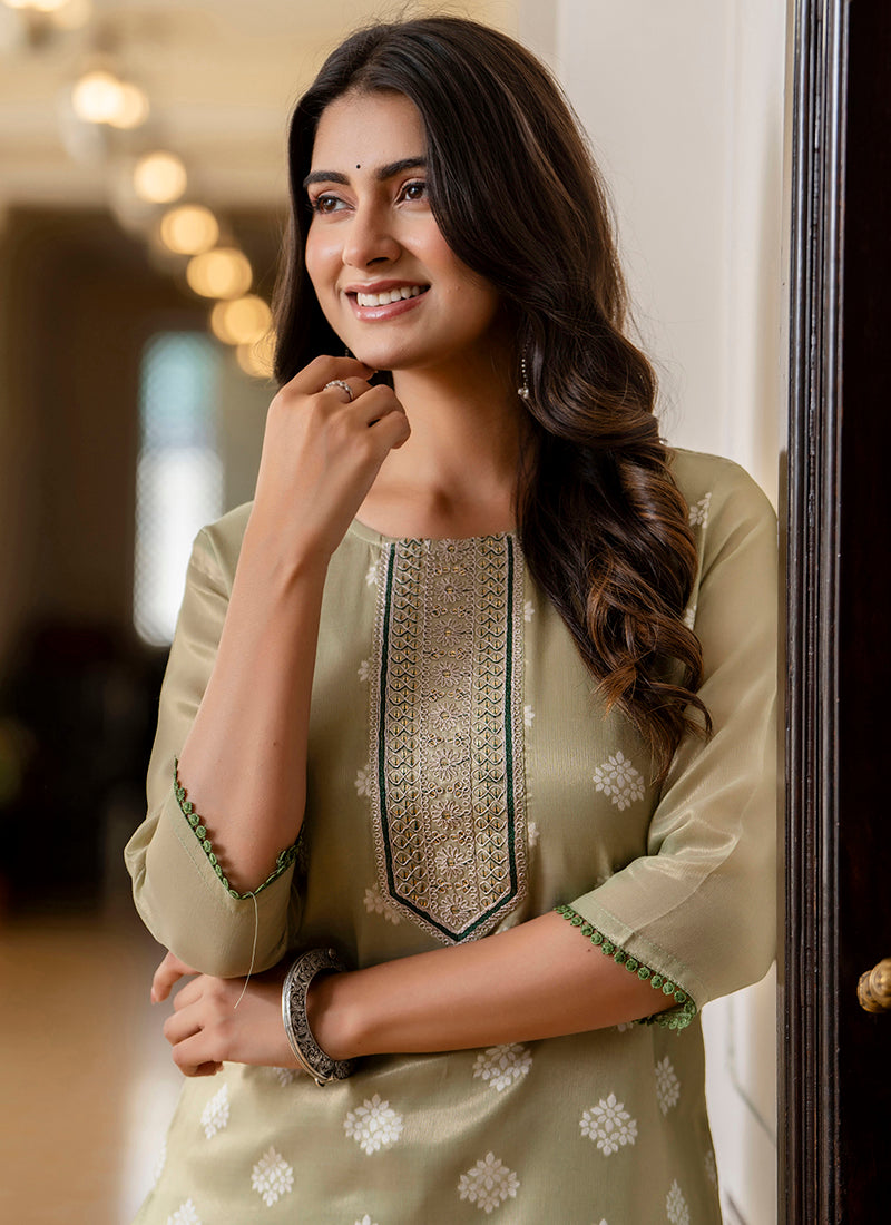 Vellora Shimmer Silk Sage Green Casual Wear Embroidery Work Readymade Kurti - Distacart