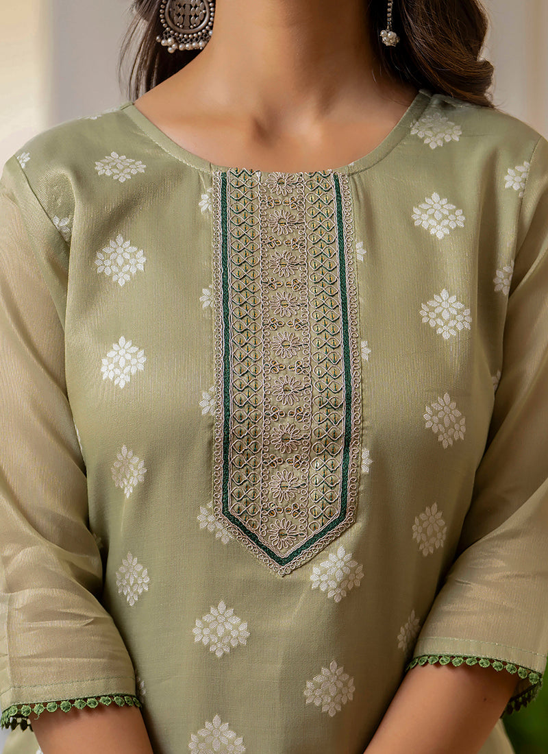 Vellora Shimmer Silk Sage Green Casual Wear Embroidery Work Readymade Kurti - Distacart
