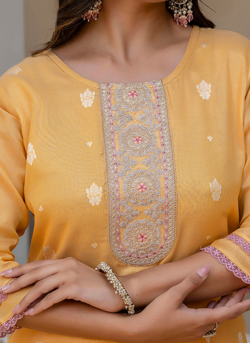 Vellora Shimmer Silk Mustard Casual Wear Embroidery Work Readymade Kurti - Distacart