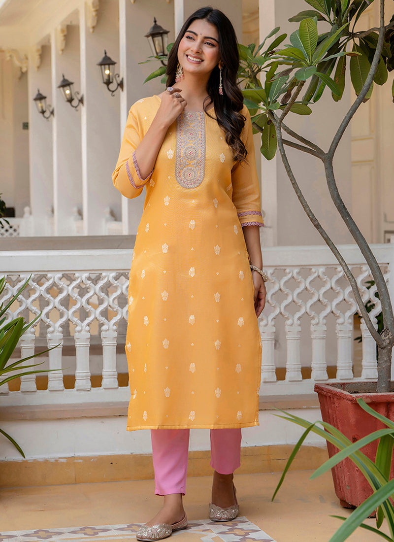 Vellora Shimmer Silk Mustard Casual Wear Embroidery Work Readymade Kurti - Distacart