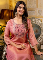 Vellora Shimmer Silk Baby Pink Casual Wear Embroidery Work Readymade Kurti - Distacart