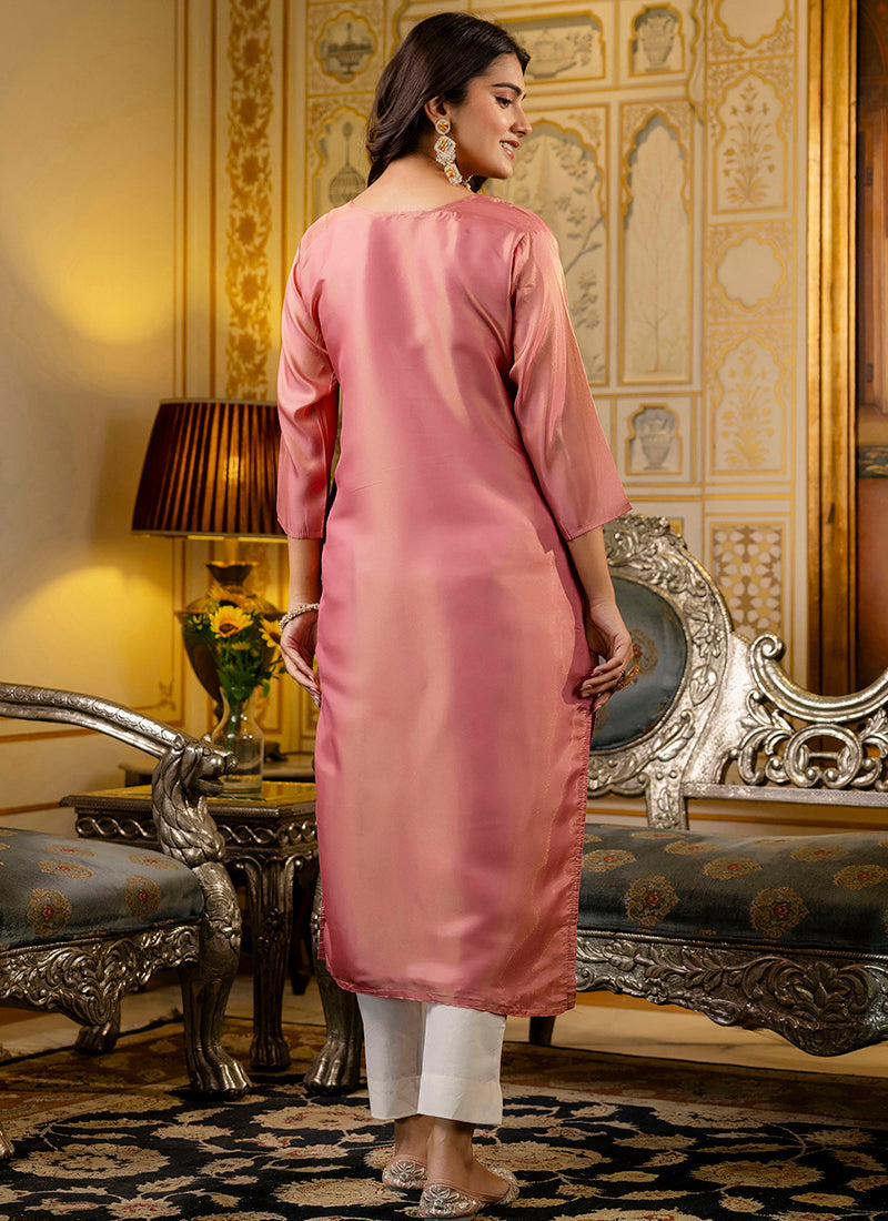 Vellora Shimmer Silk Baby Pink Casual Wear Embroidery Work Readymade Kurti - Distacart