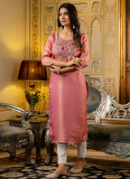 Vellora Shimmer Silk Baby Pink Casual Wear Embroidery Work Readymade Kurti - Distacart