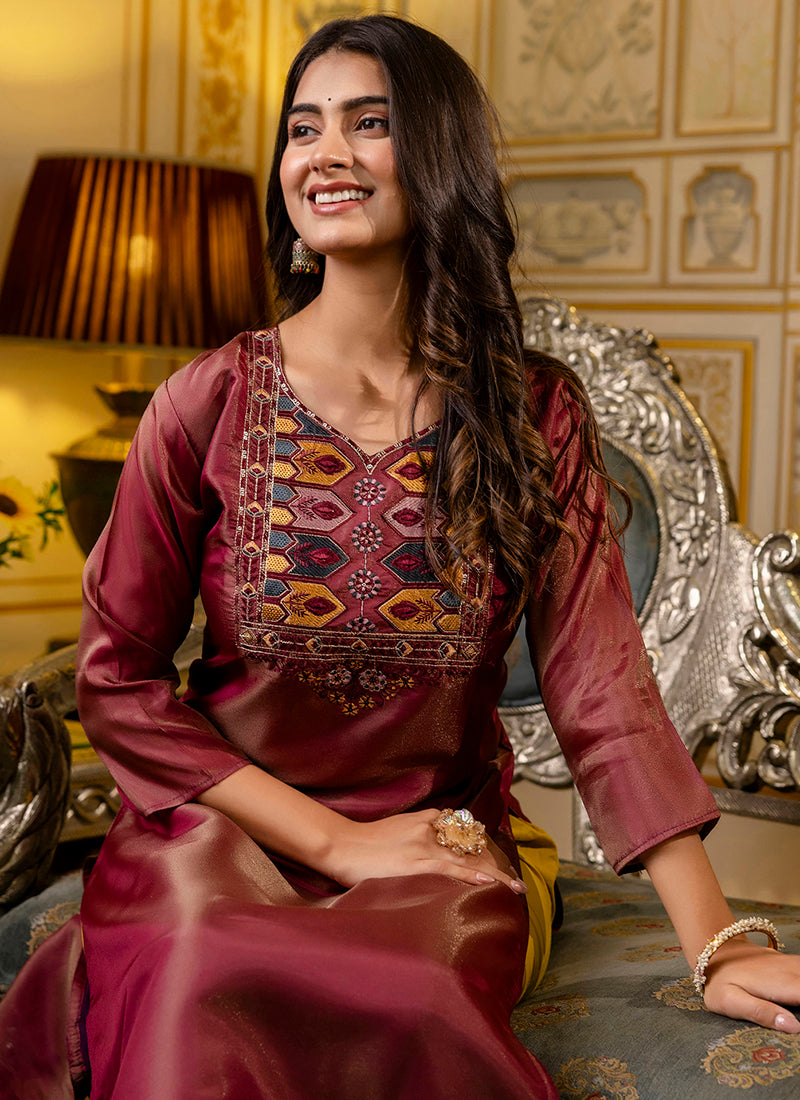 Vellora Shimmer Silk Brown Casual Wear Embroidery Work Readymade Kurti - Distacart