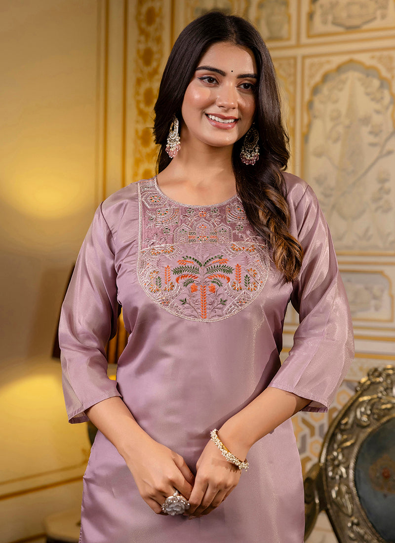 Vellora Shimmer Silk Lavender Casual Wear Embroidery Work Readymade Kurti - Distacart