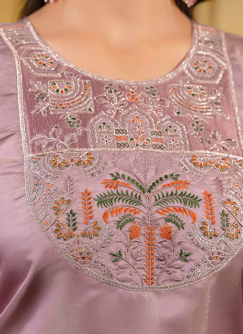 Vellora Shimmer Silk Lavender Casual Wear Embroidery Work Readymade Kurti - Distacart
