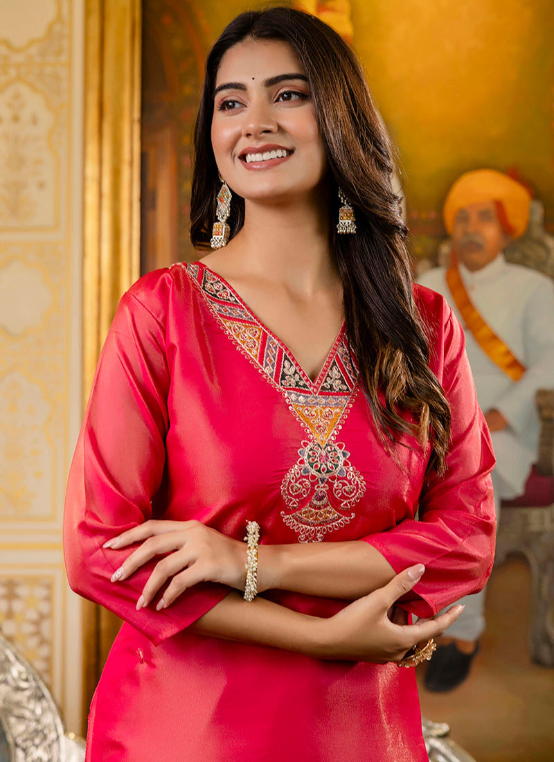 Vellora Shimmer Silk Rani Casual Wear Embroidery Work Readymade Kurti - Distacart