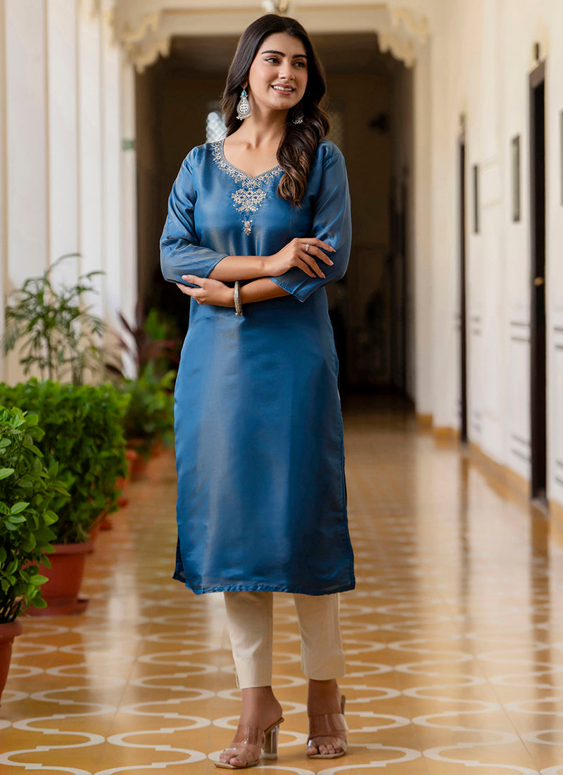 Vellora Shimmer Silk Teal Casual Wear Embroidery Work Readymade Kurti - Distacart