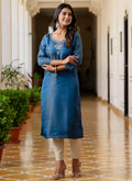 Vellora Shimmer Silk Teal Casual Wear Embroidery Work Readymade Kurti - Distacart