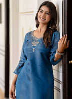 Vellora Shimmer Silk Teal Casual Wear Embroidery Work Readymade Kurti - Distacart