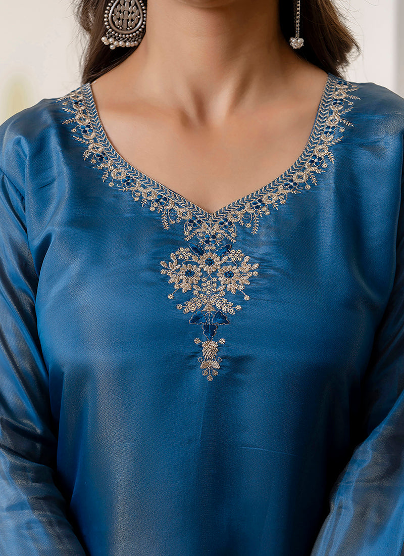 Vellora Shimmer Silk Teal Casual Wear Embroidery Work Readymade Kurti - Distacart
